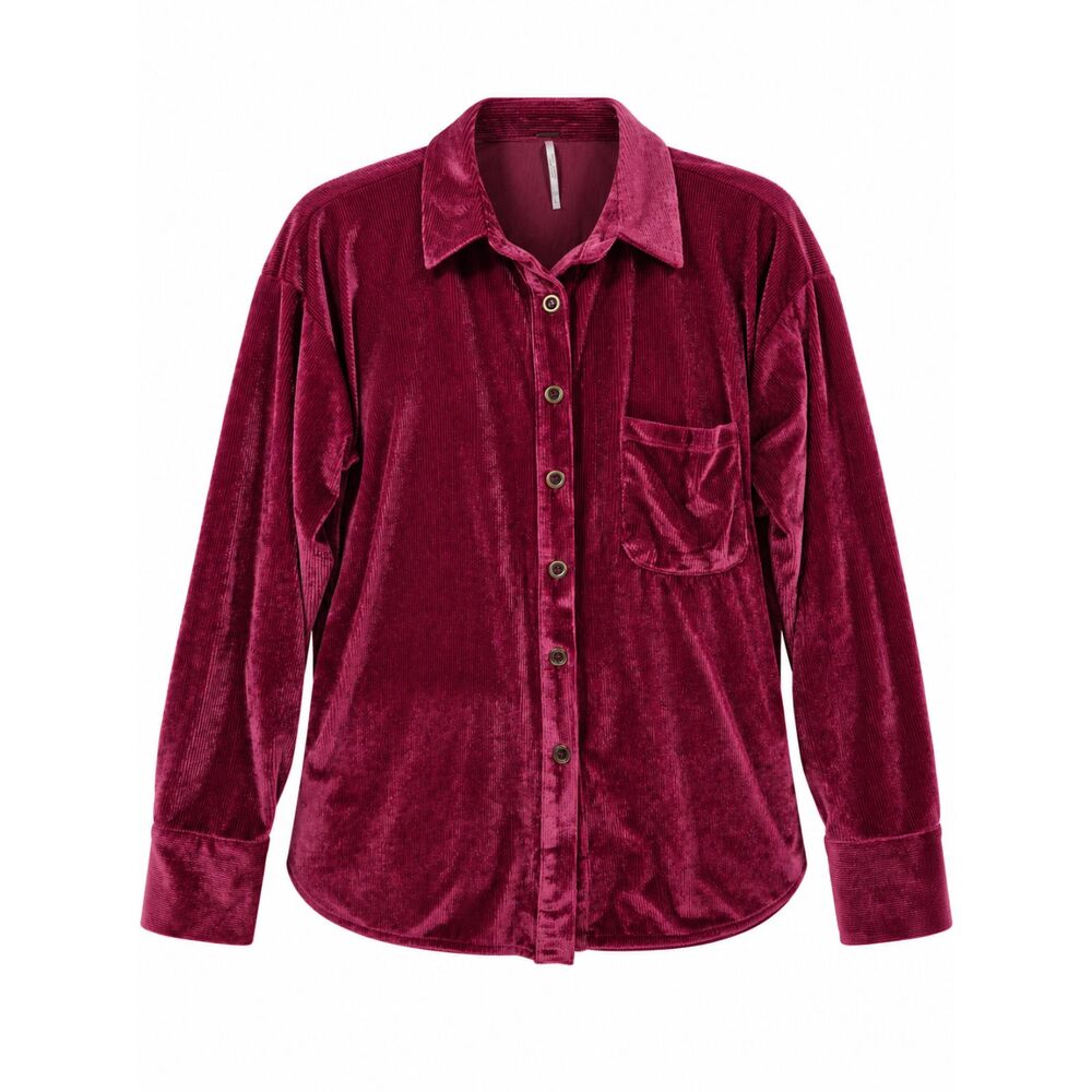 Free People Kit Kat Velour Long Sleeve Shirt Bergundy Velvet Corduroy Small